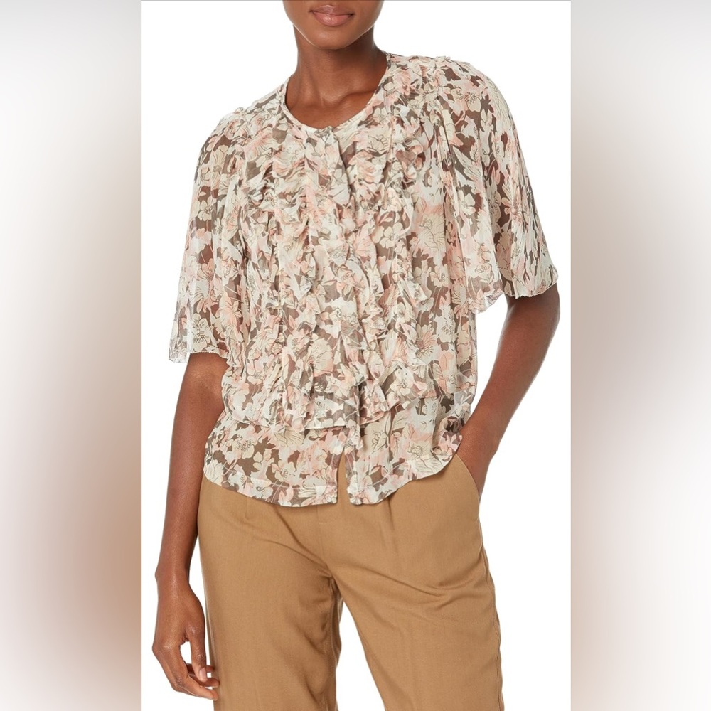 Joie Cream and Brown Floral Blouse Mikayla silk top XL NWT